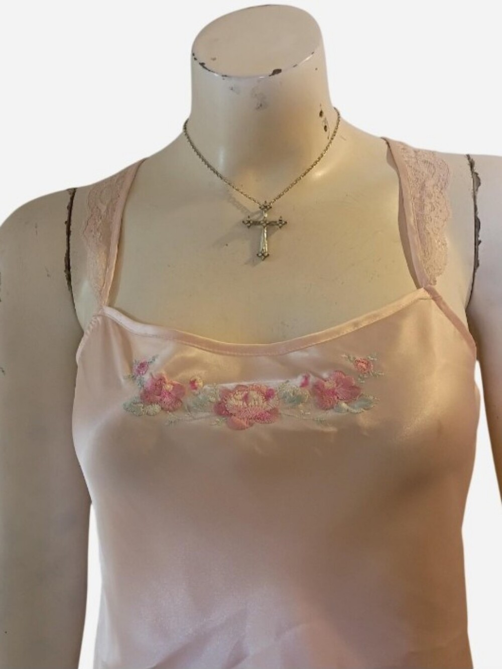 Y2K PINK Victoria's Secret Pink Floral Embroidery Lace Trim Satin Slip Dress L - Picture 2 of 8